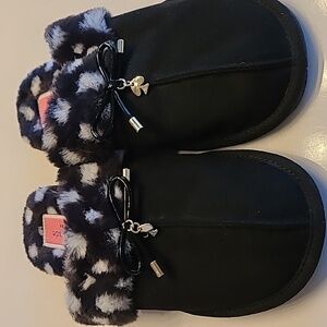 Kate Spade Lacey Slippers Black & White With Bow Charm And Faux Fur Trim